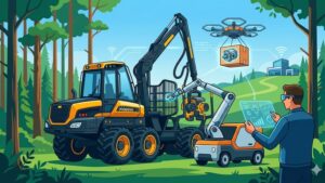 Современная иллюстрация процесса автоматизированного ремонта лесного процессора Ponsse в футуристическом стиле 2026 года